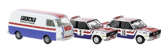 Brekina Set Korsika 78 mit Servicewagen und 2 x 131 Abarth Andruet und Mouton 22 