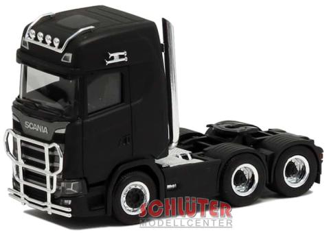 Herpa LKW Scania CS 20 HD V8 SZM 3achs schwarz Highpipes/Rammschutz Lampenbügeln 