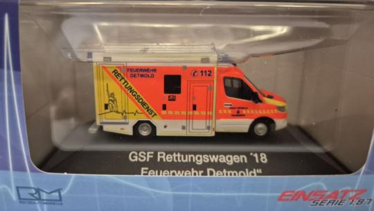 Rietze MB Sprinter GSF RTW ´18 Feuerwehr Detmold 