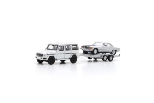 Spark/Schuco 1:87 Mercedes-Benz G-Class with trailer and Mercedes-Benz 450 SL 